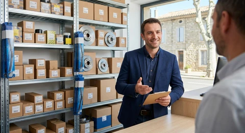 Photographie d'un entrepreneur passionné d'automobile dans l'environnement d'un magasin de pièces détachées automobiles, positionné devant des rayonnages bien organisés contenant des pièces automobiles (moteurs, filtres, freins, etc.), vêtu de manière professionnelle et décontractée, exprimant la confiance et l'engagement entrepreneurial. L'ambiance doit refléter un petit commerce de proximité moderne et bien entretenu.