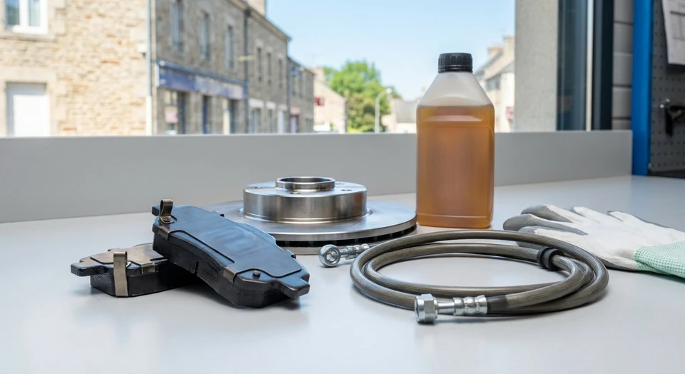 Gros plan détaillé sur une sélection de pièces de freinage automobiles professionnelles : plaquettes de frein neuves, disques de frein métalliques brillants, flexible hydraulique, et bidon de liquide de frein, disposés de manière organisée et professionnelle sur une surface neutre. L'image doit transmettre la qualité, la fiabilité et l'importance critique de ces composants pour la sécurité routière.