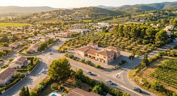 Photographie aérienne ou vue d'ensemble de la commune de La Farlède dans le Var, montrant le paysage urbain ou rural caractéristique de la région varoise, avec possibilité de visualiser un magasin ou un point commercial de proximité. L'image doit mettre en avant l'implantation géographique locale et l'accessibilité routière, sans texte ni logo visible.