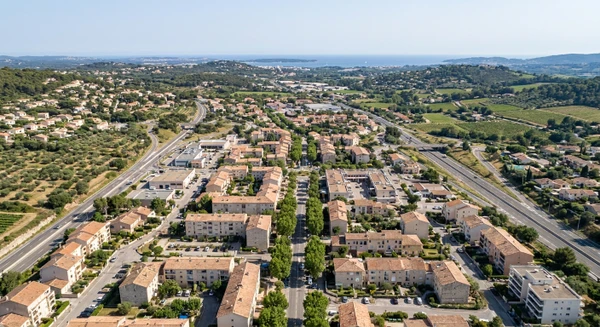 Vue aérienne ou terrestre de la commune de La Garde dans le Var, montrant un paysage varois typique avec bâtiments résidentiels ou commerciaux de proximité, axes routiers d'accès, et environnement urbain/péri-urbain caractéristique de la région. L'image doit clairement identifier le secteur comme une zone accessible et implantée, permettant de visualiser l'accessibilité géographique pour un magasin local de pièces automobiles. Aucun texte, logo ou filigrane visible.