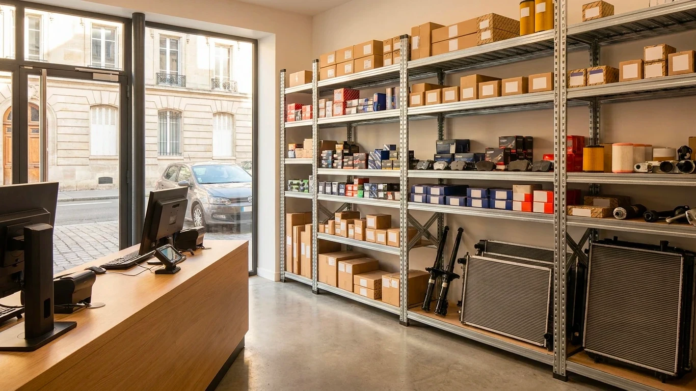 entrepôt industriel: étagère et palette pour le stockage et la distribution des pièces de rechange