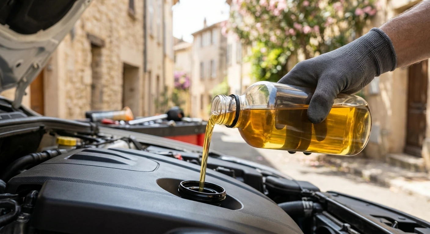 Gros plan professionnel d'une main tenant une bouteille d'additif moteur avec étiquette claire visible, versant le produit dans le réservoir d'huile moteur ouvert d'un véhicule. Arrière-plan flou montrant un moteur et des outils de maintenance. Éclairage naturel et professionnel mettant en valeur le produit et l'action de maintenance.