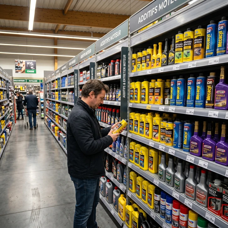 Gros plan professionnel montrant des bouteilles d'additifs automobiles alignées sur une étagère de magasin spécialisé. Les produits doivent représenter différentes marques et types d'additifs (moteur, carburant, système de refroidissement). L'image doit transmettre une impression d'ordre, de sélection rigoureuse et de comparaison multi-marques, avec un éclairage professionnel de magasin de pièces détachées automobiles.